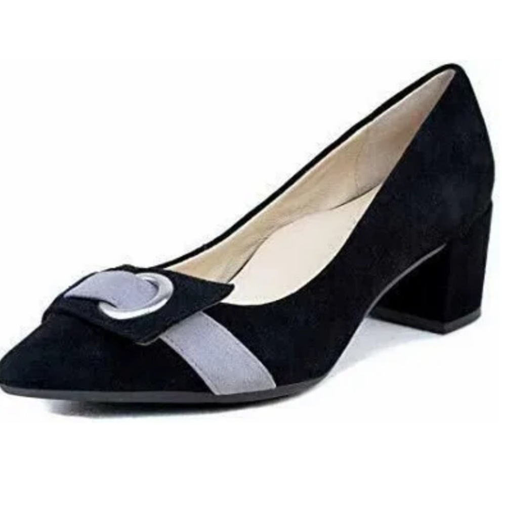 Bettye Muller Concept leather and suede block pointy toe black heels - Picture 1 of 9